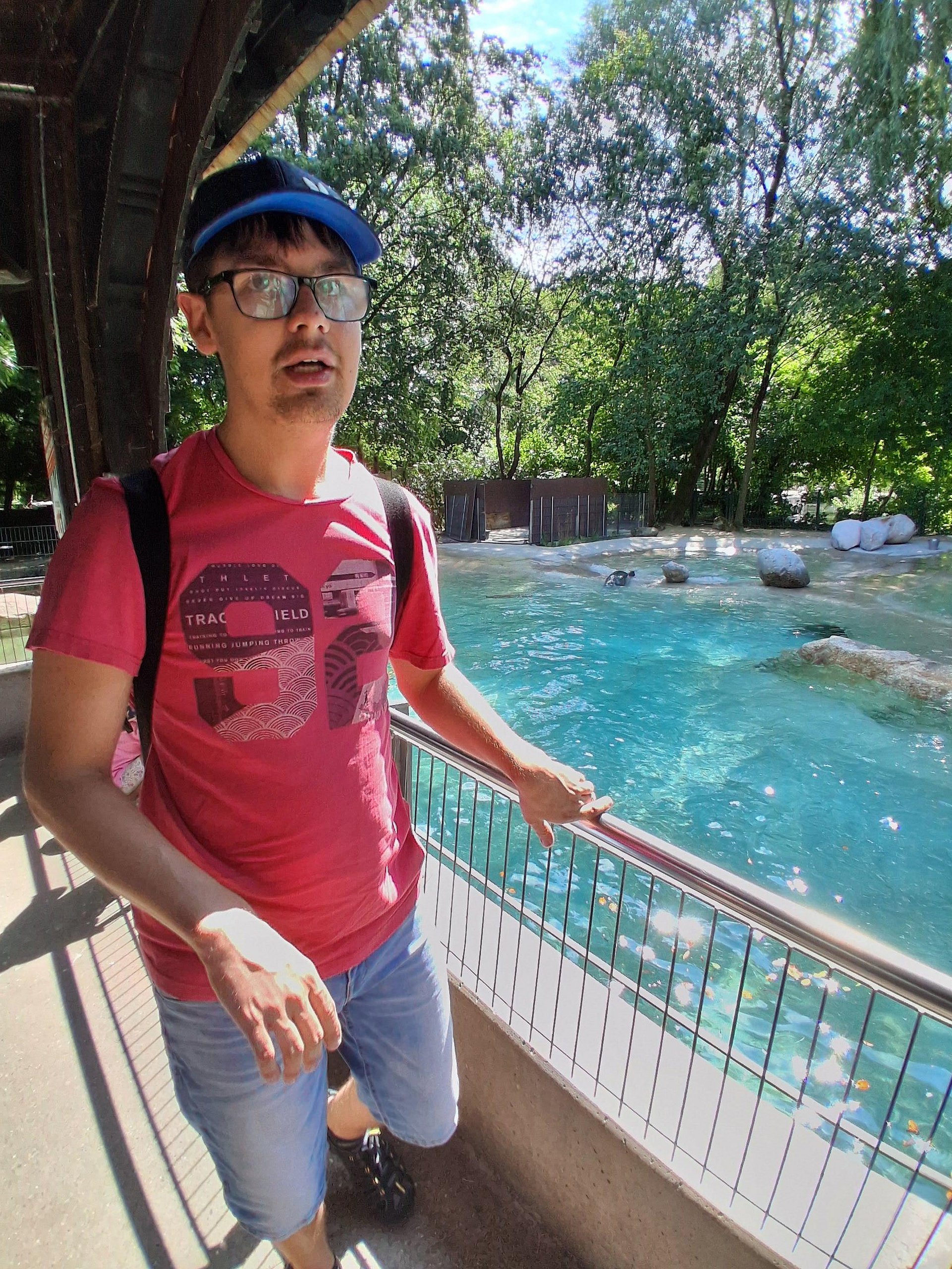Ein Mann in einem roten T-Shirt, einer Brille und einem Cappie steht am Seehundbecken im Zoo. Die Sonne scheint, das Wasser ist blau