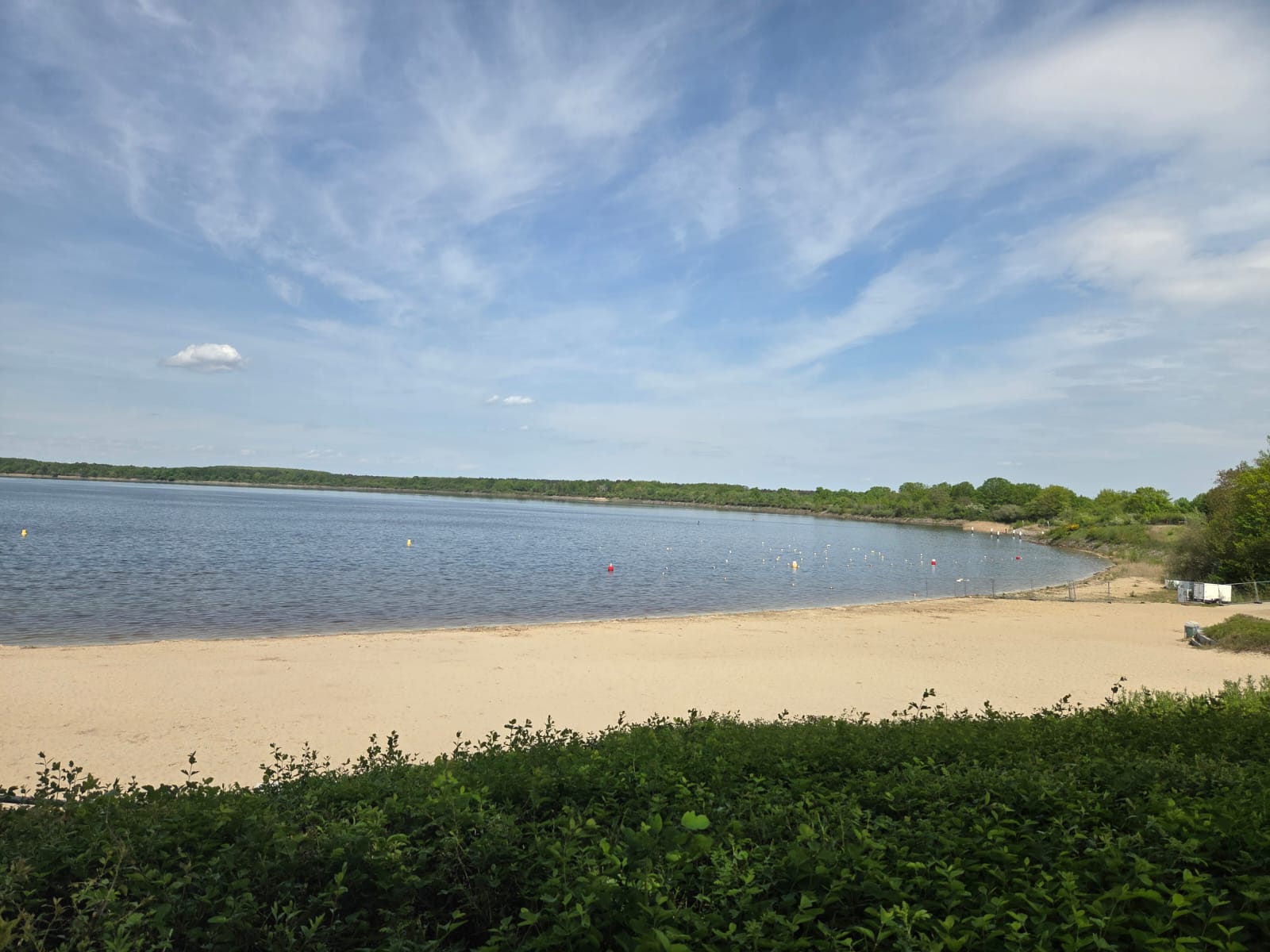 Sandstrand an einem See mit blauem Himmel.   Im Vordergrund verläuft ein dichter, dunkelgrüner Busch- oder Heckenstreifen.   Dahinter liegt ein breiter, heller Sandstrand, der sich nach rechts bogenförmig am Ufer entlangzieht.   Der See hat ruhiges Wasser; weiter draußen im Wasser sind mehrere kleine, helle Bojen oder Markierungen verteilt, einzelne wirken rot oder gelb.   Am gegenüberliegenden Ufer verläuft eine dichte Baum- und Buschreihe in verschiedenen Grün­tönen, die die gesamte Bildbreite ausfüllt.   Der Himmel nimmt den oberen Bildteil ein, mit vielen hellen, leicht streifigen Wolken vor einem blauen Hintergrund.  